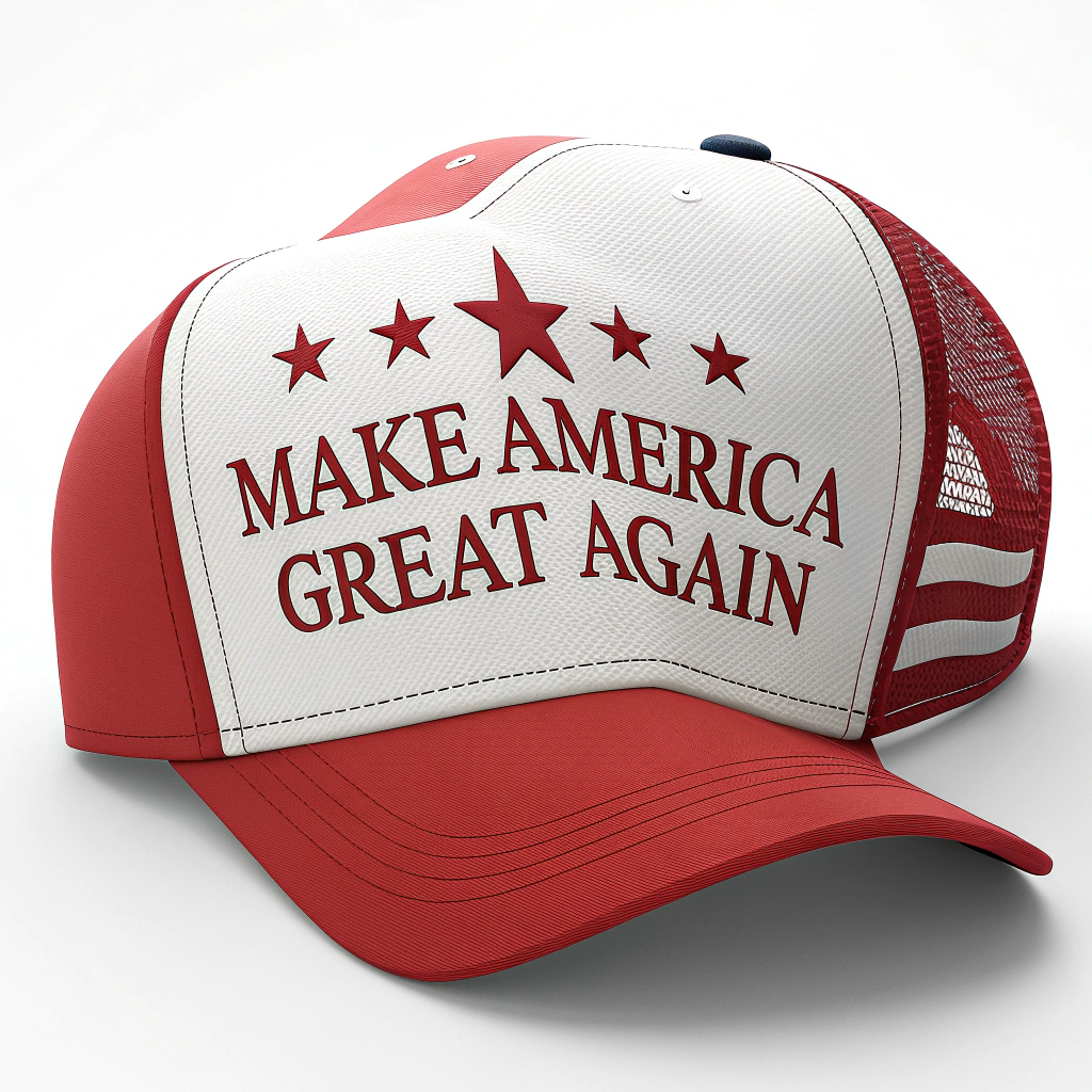 A close-up sticker of the red 'Make America Great Again' hat, with the text clearly visible.