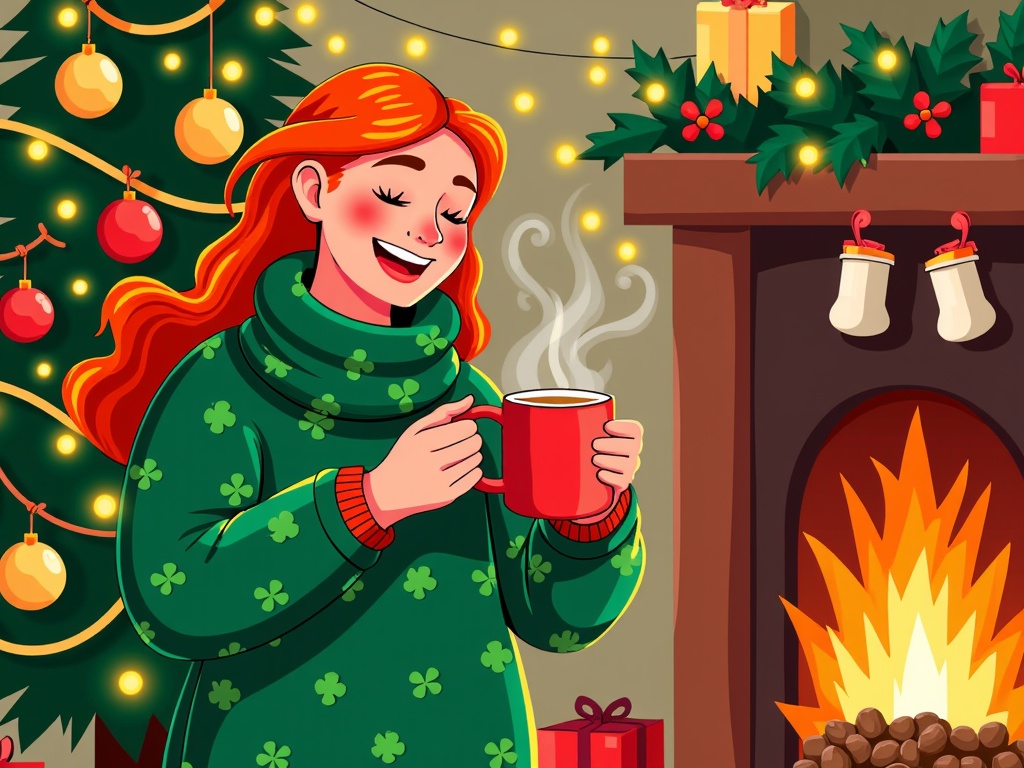  a young woman with long red hair, wearing a green sweater with shamrocks, standing in front of a fireplace. She is holding a red mug with steam rising from it and is smiling as she drinks from it. The fireplace is decorated with Christmas lights and ornaments, and there are two stockings hanging on the mantle. There are also several gift boxes scattered around the fireplace. The overall mood of the image is cozy and festive.