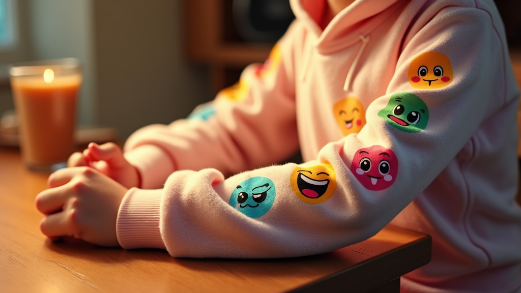 Close-up of hoodie sleeve depicting small, vibrant cartoon emojis and expressions.