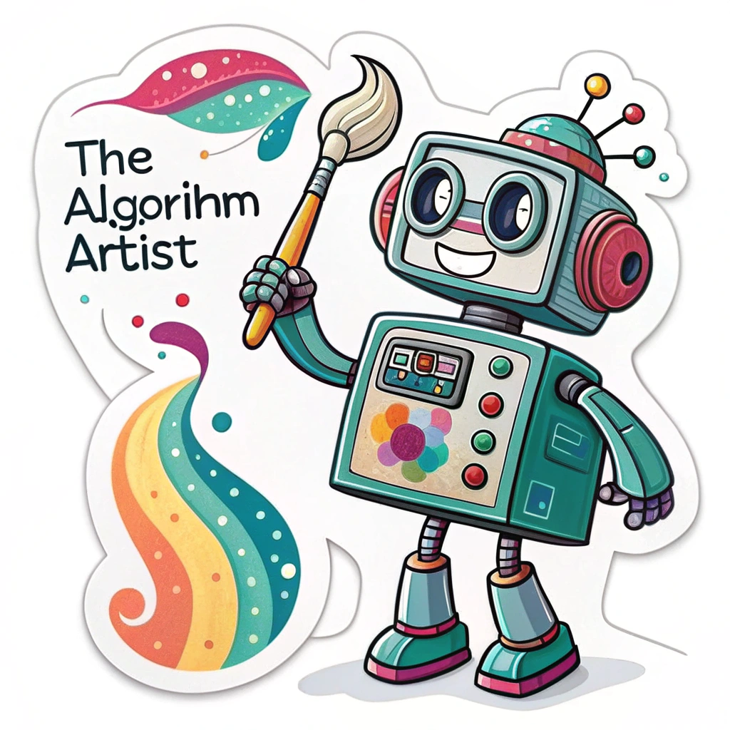 A cheerful, retro-style robot with oversized optical sensors, enthusiastically wielding a paintbrush dripping with vibrant, multicolored paint, creating a playful abstract design. Sticker text: 'The Algorithm Artist'.