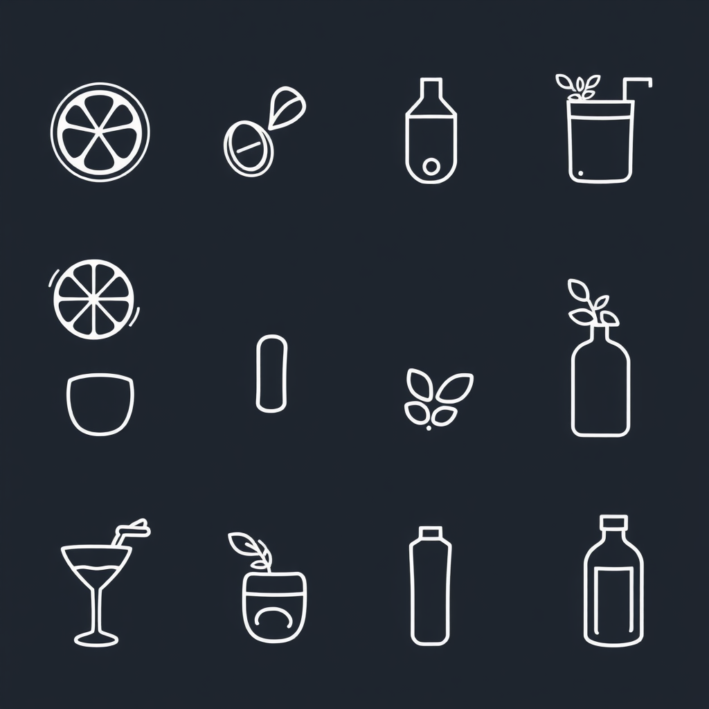 Simple Icon Idea: A core set of 10 primary DIY beverage and cocktail ingredient icons (e.g., lemon slice, ice cube, mint leaf, sugar cube, generic bottle, shaker) rendered in a clean, universally understandable outline style with an optional single accent color.