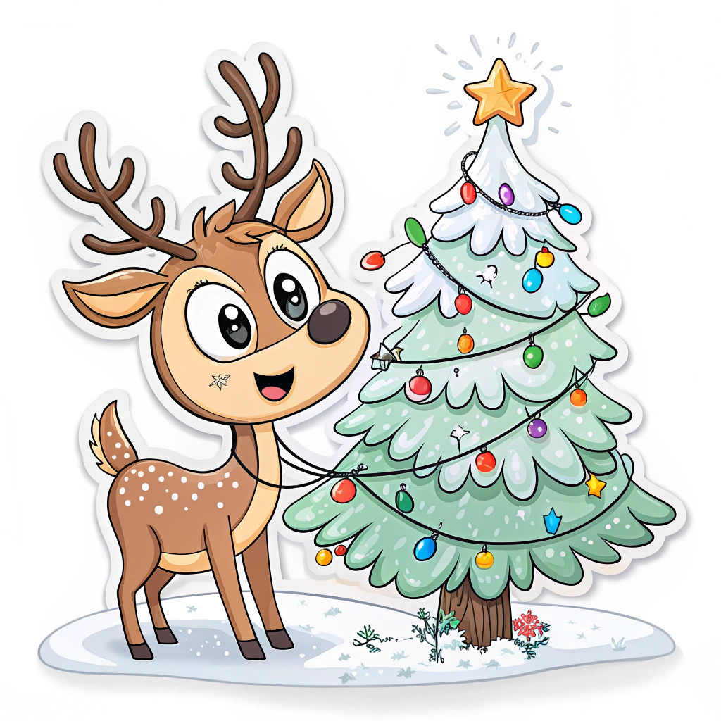 A playful Christmas tree sticker featuring a smiling cartoon reindeer standing beside a snow-capped tree, with multicolored lights wrapped around its branches, creating a whimsical holiday scene.