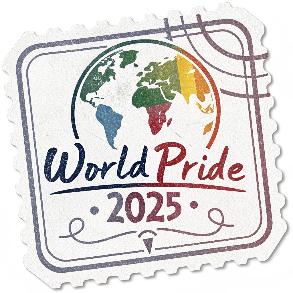 Simple Logo Idea: A design combining a stylized globe with a passport stamp outline. The globe features continents outlined in rainbow colors, and the text 'WorldPride 2025' is typeset to resemble official passport lettering within the stamp border.