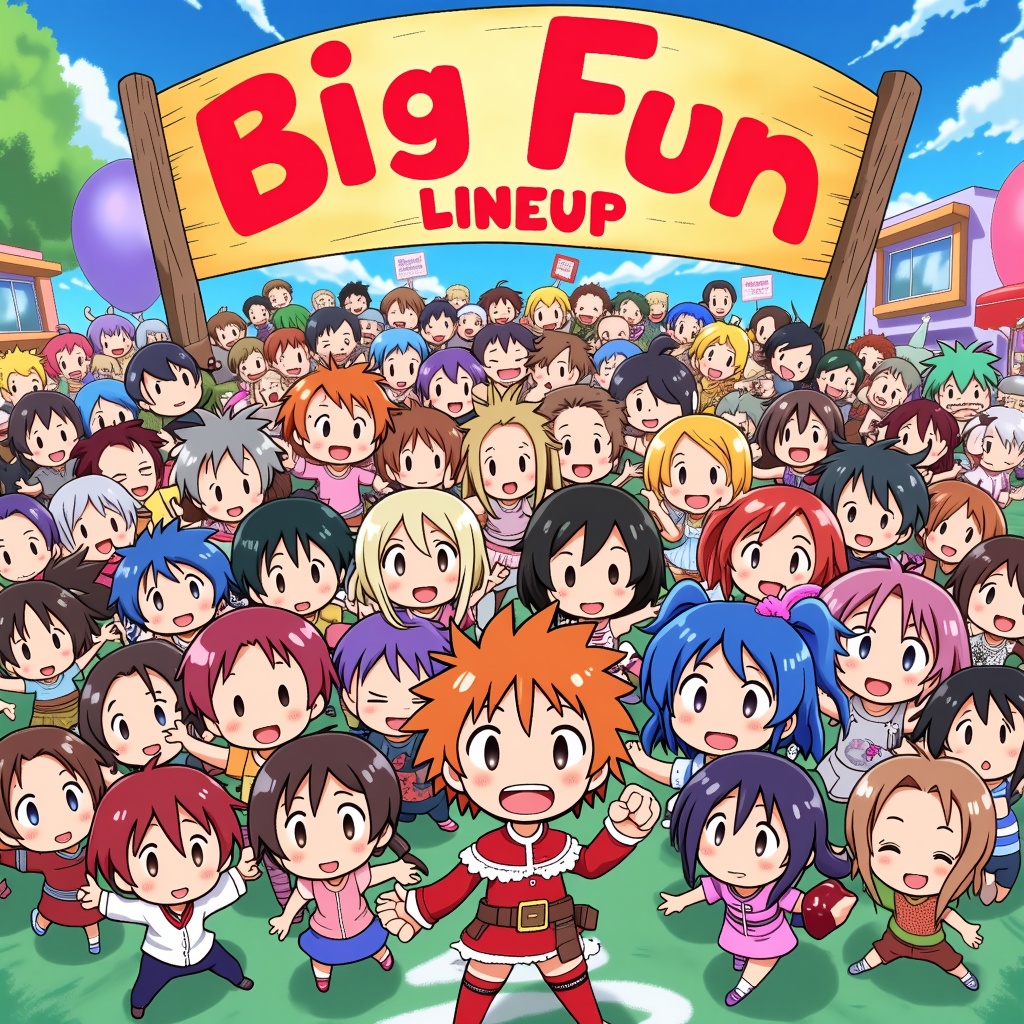 A vibrant group illustration for 'MomoCon Anime Character Illustrations' featuring a diverse lineup of original chibi anime characters. These 'Mini Characters' are in dynamic, joyful poses, embodying 'Big Fun,' with a 'Chibi Con Lineup' banner prominently displayed.