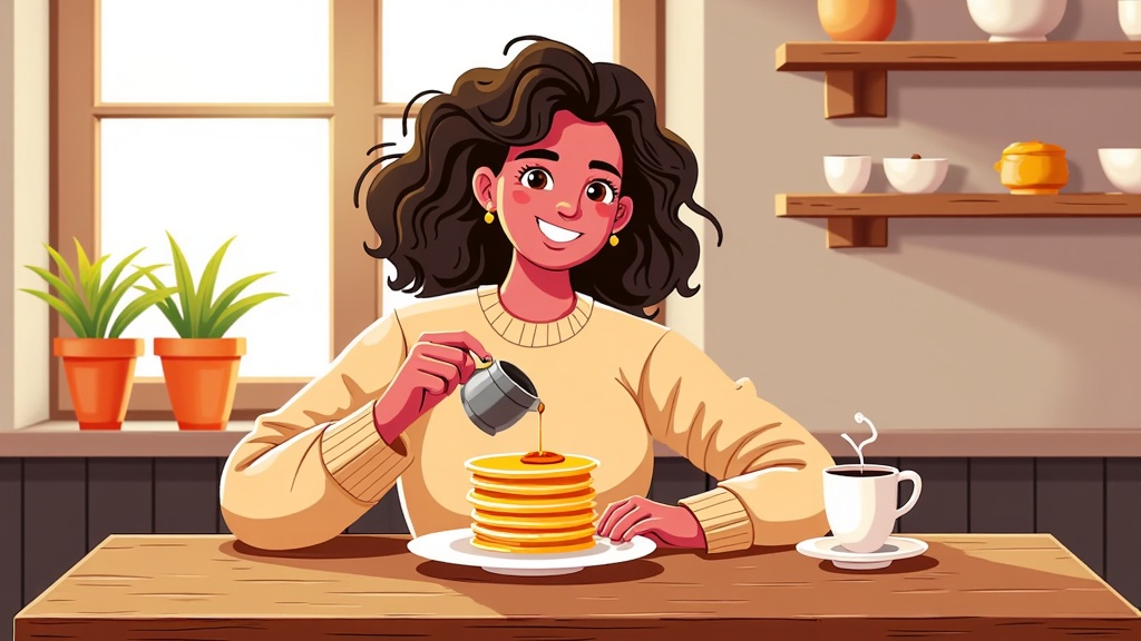  a young woman sitting at a wooden table in a kitchen. She is wearing a beige sweater and has curly dark hair. On the table, there is a stack of pancakes and a cup of coffee. The woman is holding a teapot and is pouring syrup over the pancakes. There are two potted plants on the windowsill behind her and a shelf with various kitchen items on it. The overall atmosphere of the image is cozy and inviting.