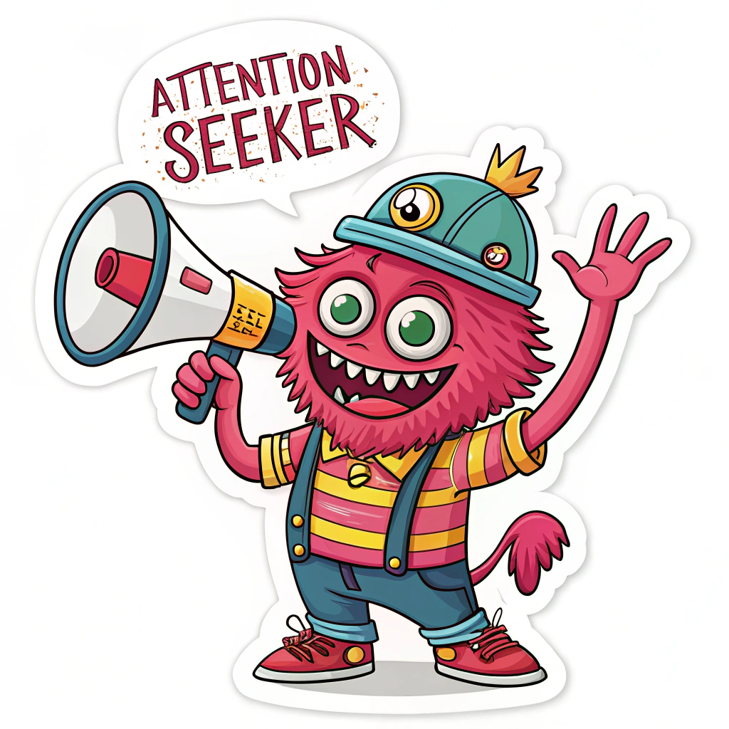 The image shows a cartoon monster holding a megaphone with the words 