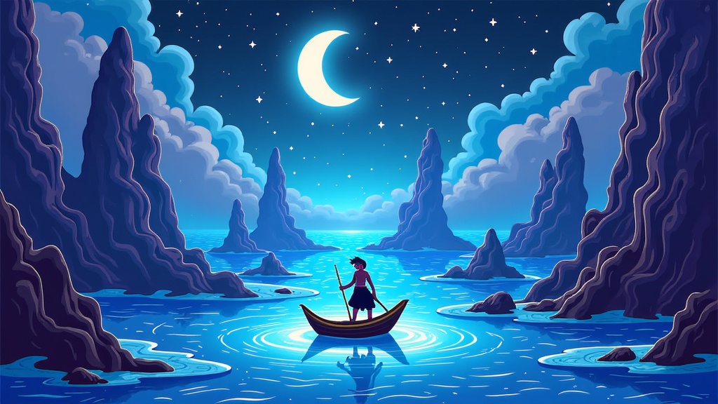The enchanted sea itself takes center stage: waters that flow upwards in defiance of gravity around magical islands, or a sea made of shimmering, liquid starlight, with Sinbad's silhouette navigating carefully through.