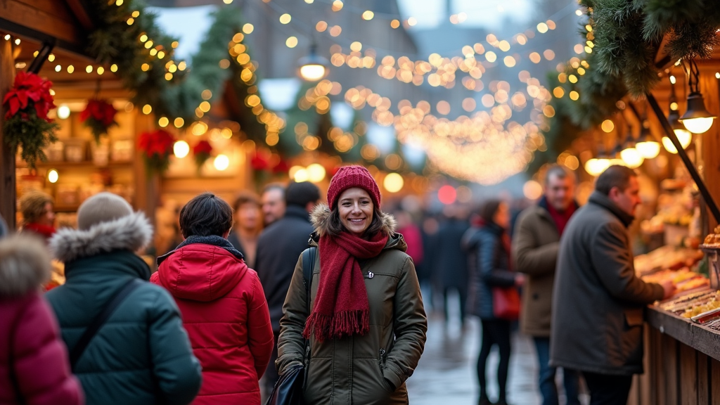 A bustling holiday market under a canopy of twinkling lights and festive banners. Stalls brim with handcrafted goods, seasonal treats, and aromatic mulled wine. Shoppers, wrapped in coats and scarves, engage with friendly vendors, basking in the communal cheer and vibrant atmosphere of this annual festive tradition.