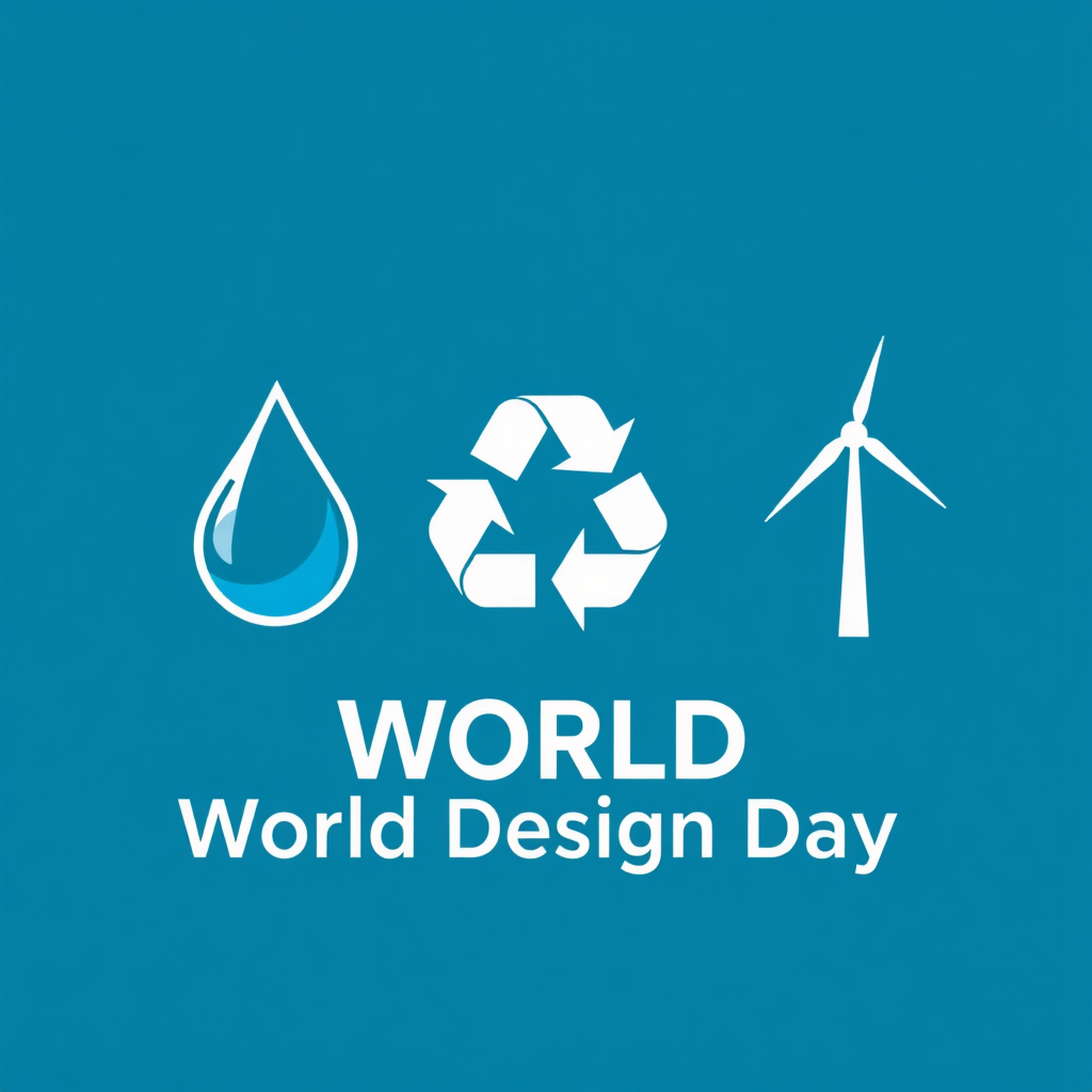 Sub-design idea 5: A balanced composition of three core sustainable design icons (e.g., a water droplet, a recycled material symbol, a wind turbine silhouette) arranged aesthetically with the text 'World Design Day'.