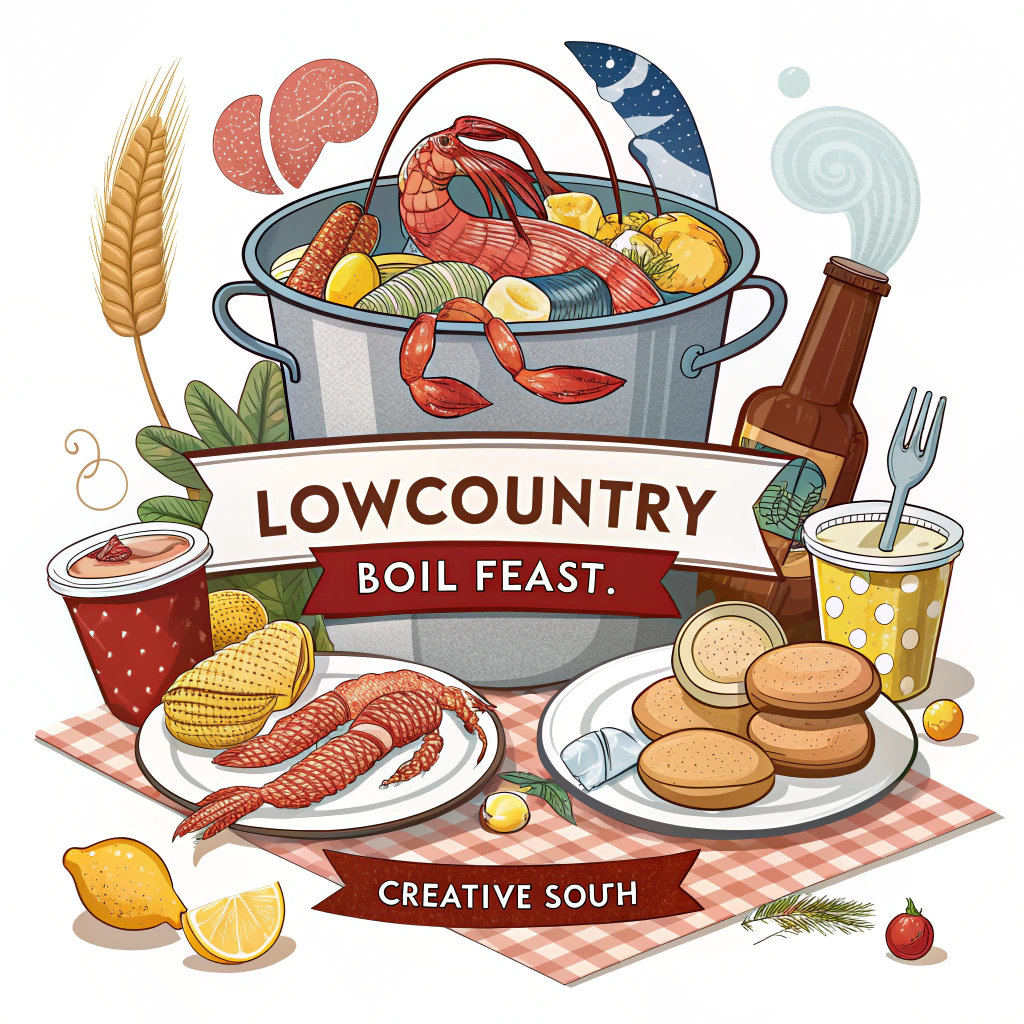 A sticker that uses a vintage-style illustration of a Lowcountry boil feast, with the Creative South logo incorporated as a banner or sign in the background.