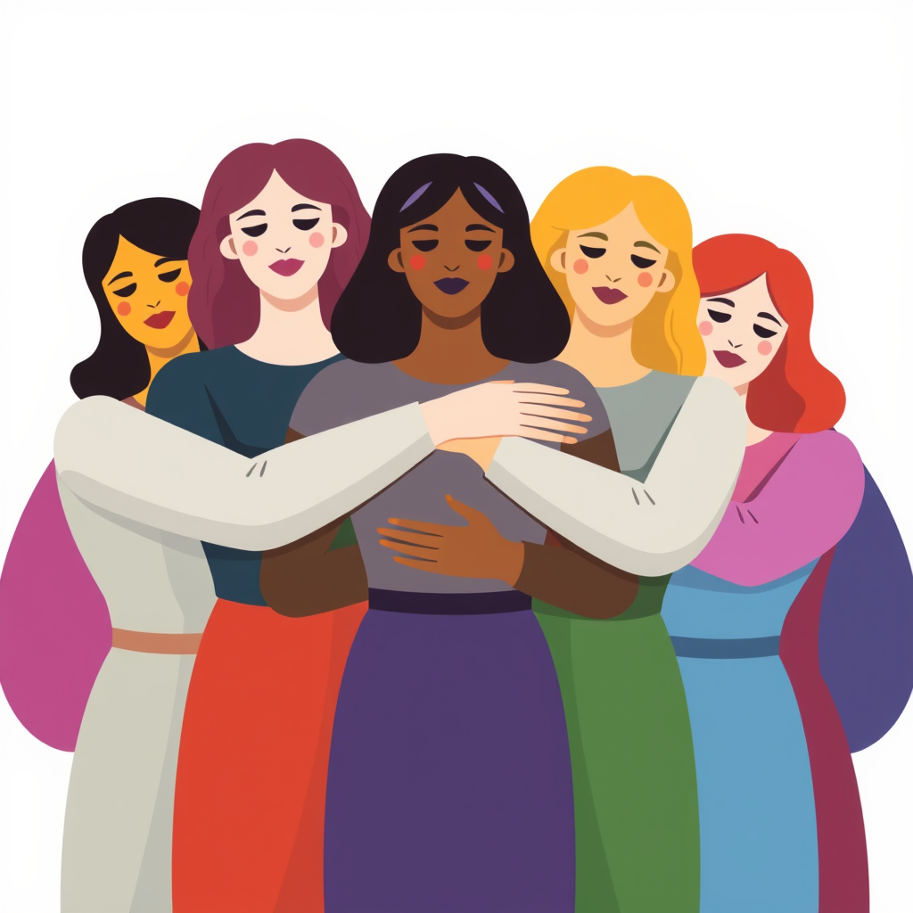 An icon of a group of women holding each other. The various colors can signify inclusiveness.