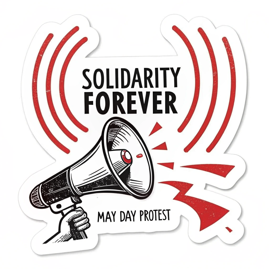 A bold icon of a megaphone projecting sound waves that form the words 'Solidarity Forever'. Include 'May Day Protest' text below.