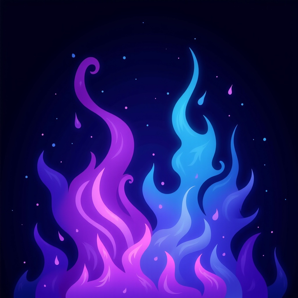 The image is an illustration of three different types of fire flames. The background is black with small white dots scattered throughout. The flames are in different colors - pink, blue, and purple. The pink flame on the left is on the top left, the blue flame in the middle is in the center, and the purple flame is on top right. The blue flame is slightly larger than the pink flame and has a wavy, wavy shape. The overall color scheme of the image is vibrant and eye-catching.