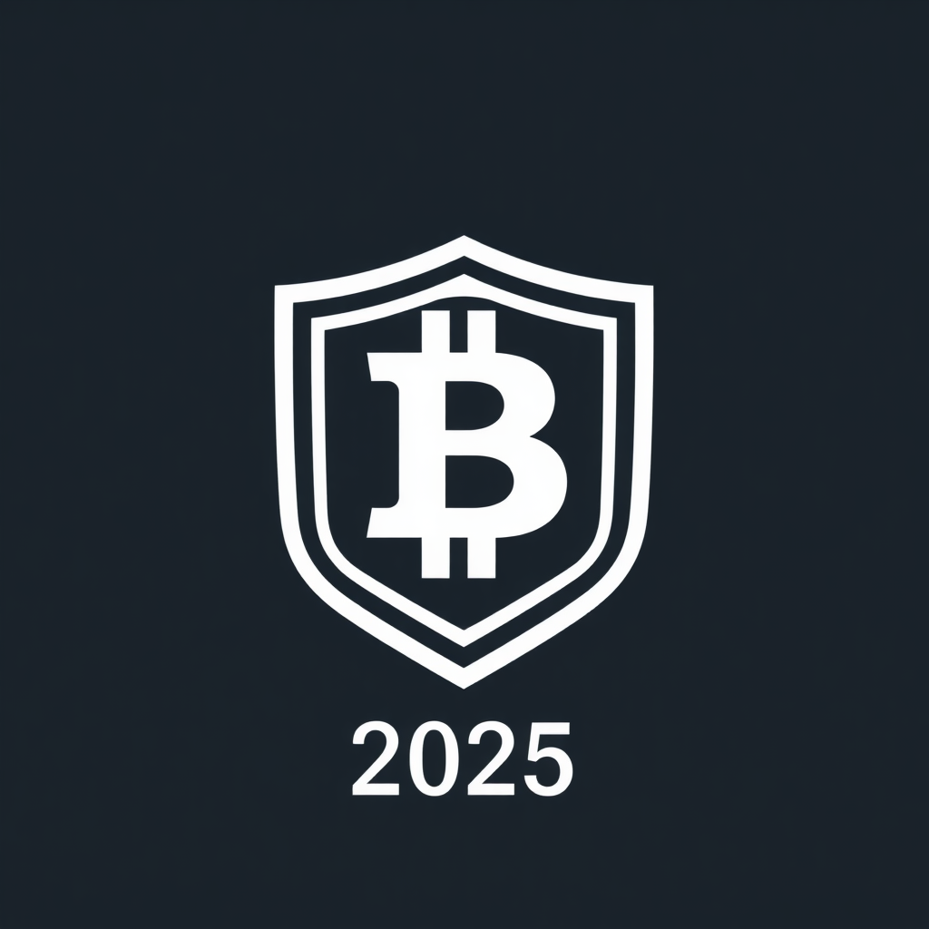 Symmetric B-Shield: A stylized Bitcoin 'B' designed with flawless mirror symmetry, constructed from clean geometric shapes. This 'B' is integrated within a symmetrical shield outline to emphasize security. The design uses negative space effectively for a minimalist feel, with '2025' cleanly typeset below or alongside.