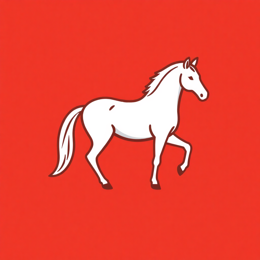 The image is a simple illustration of a white horse on a red background. The horse is standing on all fours and is facing towards the right side of the image. It has a long mane and tail, and its body is slightly curved upwards. Its head is turned slightly to the left and its eyes are closed, giving it a peaceful and serene expression. The overall style of the illustration is simple and minimalistic.