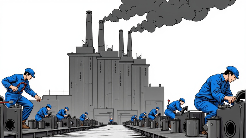  a group of workers in blue uniforms and caps working on a conveyor belt in front of a large factory. The factory has multiple tall chimneys with black smoke billowing out of them. The workers are working on various machines and equipment, and they appear to be in the process of assembling or assembling them. In the background, there is a body of water, possibly a river or a canal. The overall mood of the image is one of concentration and hard work.