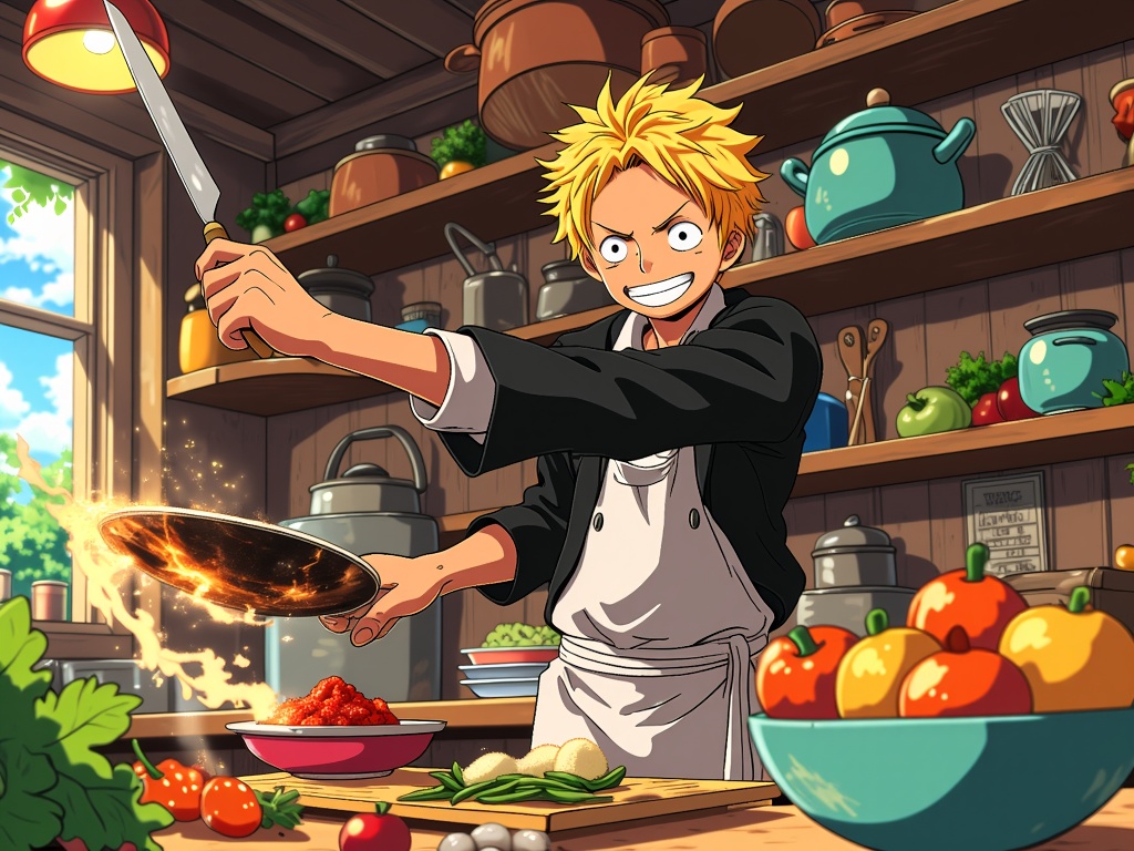 Sanji, the Straw Hat Pirates' kick specialist, in a culinary scene with elaborate dishes, his love for cooking as prominent as his martial prowess.