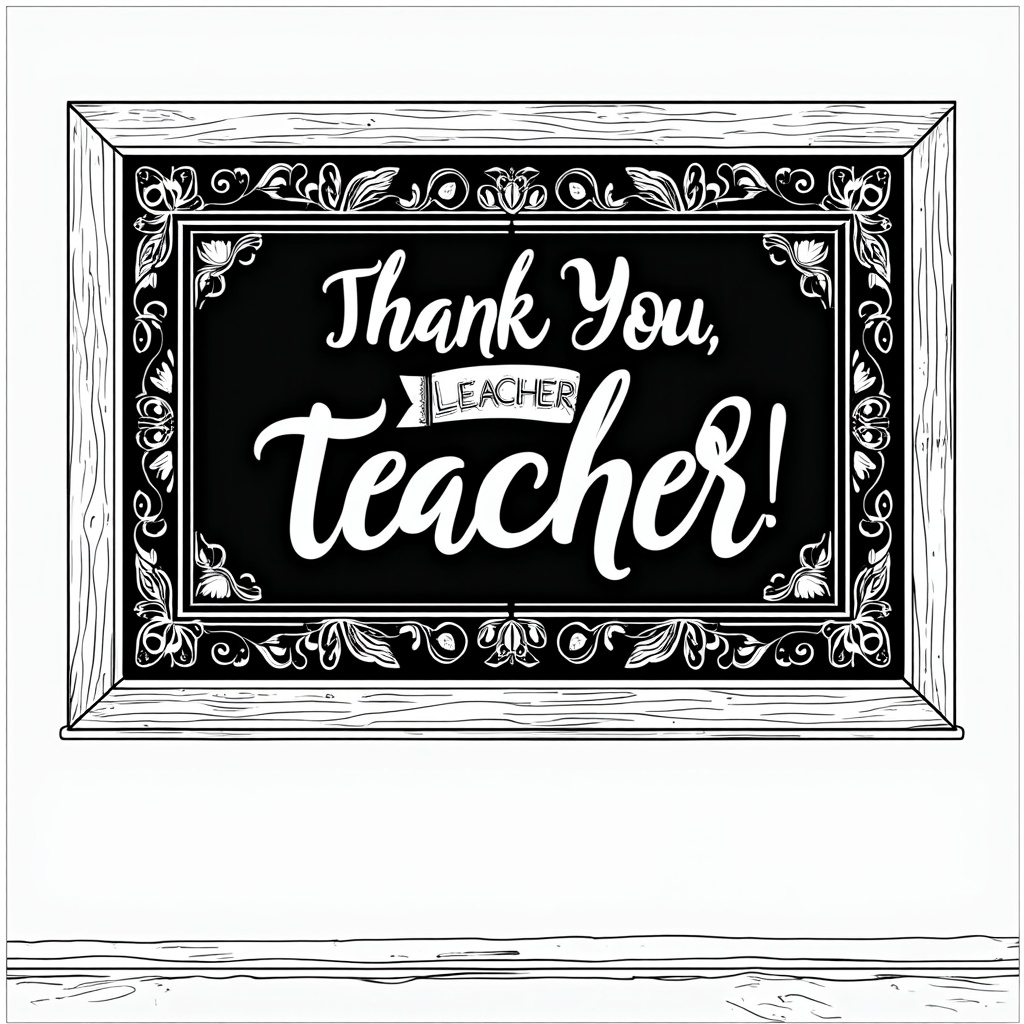 A more detailed chalkboard page featuring 'Thank You, Teacher!' amidst an ornate chalk art banner, with intricate floral or geometric patterns decorating the chalkboard's wooden frame.