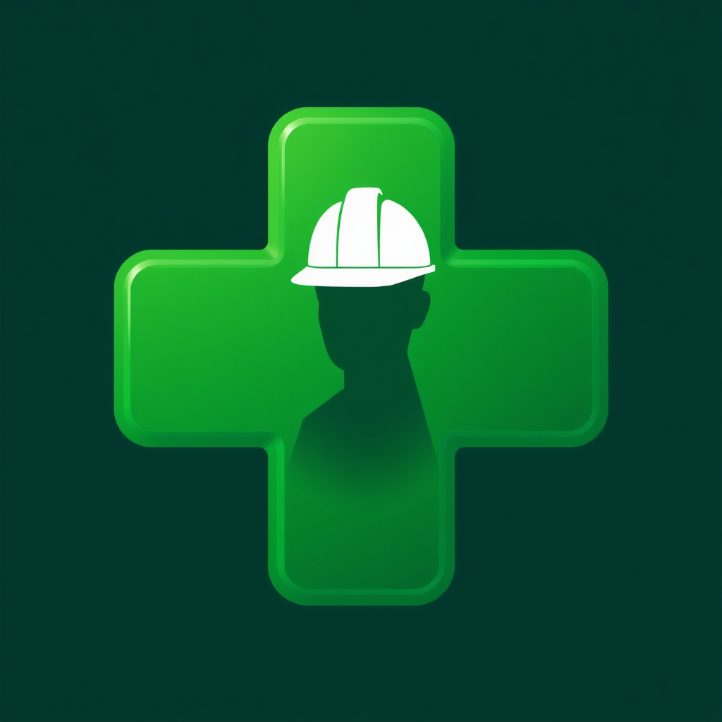 A standard green health plus sign with a negative space cutout in the center forming the silhouette of a worker wearing a hard hat.