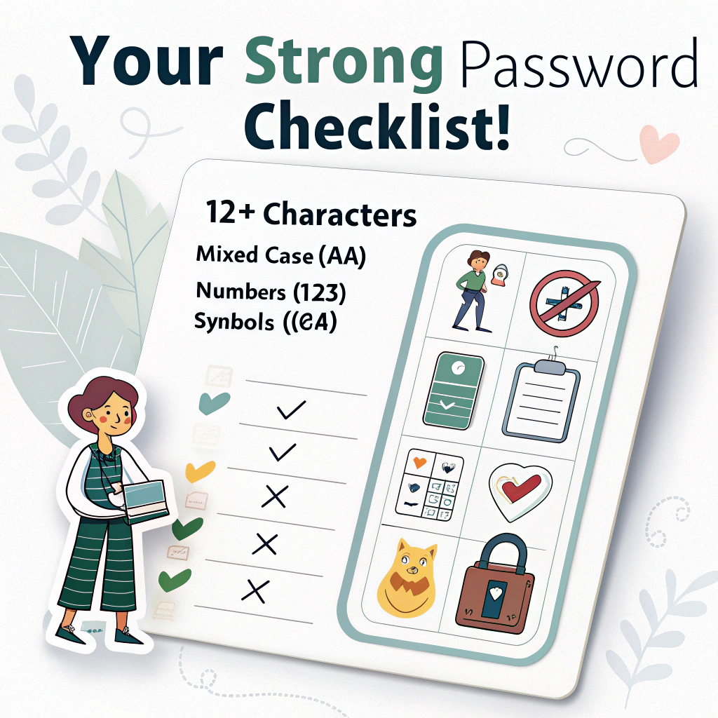 Checklist for Strength: A sticker designed as a mini checklist with items like: '✅ 12+ Characters', '✅ Mixed Case (Aa)', '✅ Numbers (123)', '✅ Symbols (!@#)'. Text: 'Your Strong Password Checklist!'