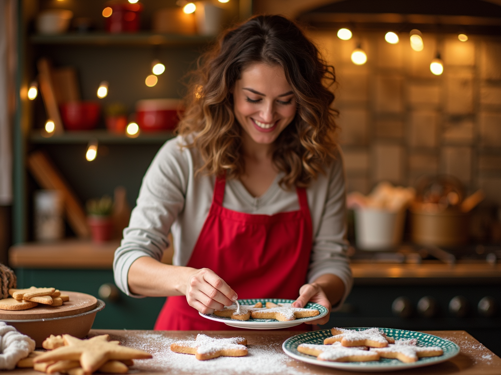 In this image, we can see a young woman in a kitchen. She is wearing a red apron and is standing in front of a wooden countertop. On the countertop, there are two plates with star-shaped cookies on them. The cookies are dusted with powdered sugar. The woman is holding a spoon and appears to be in the process of decorating one of the cookies. In the background, there is a kitchen with a brick wall and a shelf with various kitchen utensils. The room is lit with string lights, creating a warm and cozy atmosphere.