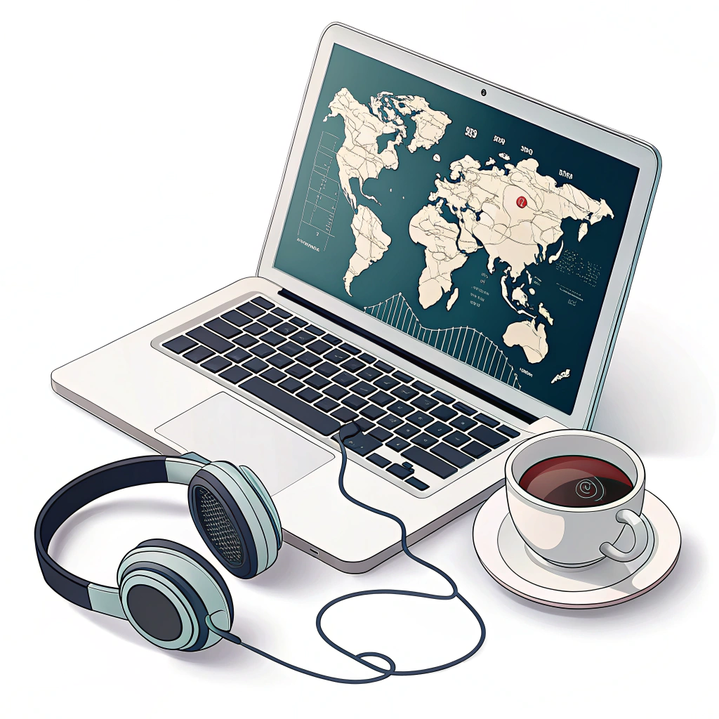 Laptop with a world map background on the screen, coffee cup, and headphones.