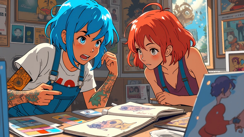 A scene depicting an artist at their booth, sharing a moment of inspiration as they discuss their original anime character with an engaged fan, highlighting the 'creator and muse' dynamic in action.