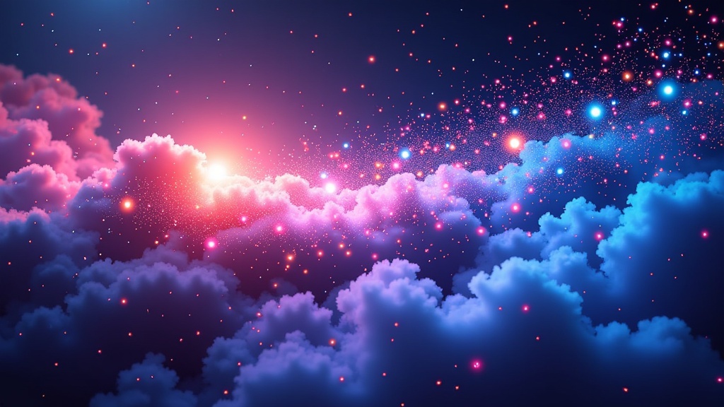 Dynamic Particle Flow: Visualize code execution and data movement as streams or bursts of energetic particles. These particles, possibly varying in color or form, flow through an ethereal, abstract space (the cloud), converging and diverging at conceptual nodes to represent processing and distribution.