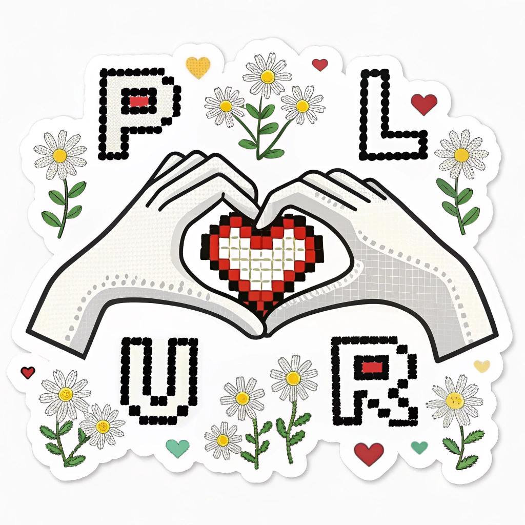 A pixelated 8-bit style design of heart hands. Each pixel block making up the hands and heart can be colored individually, with the letters P, L, U, R appearing as larger pixel blocks within the design. Add small pixelated daisies around it.