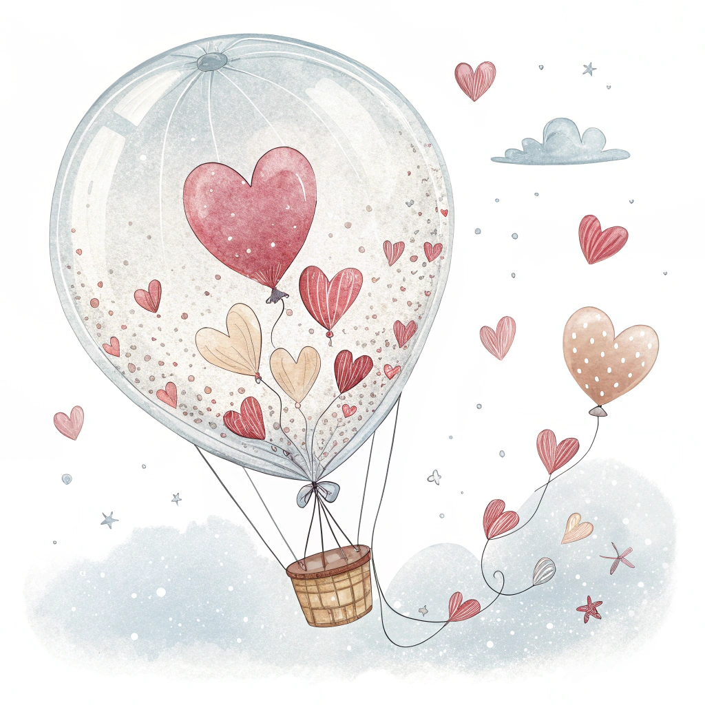 A transparent heart balloon sticker with tiny floating hearts inside it, creating a snow globe effect.