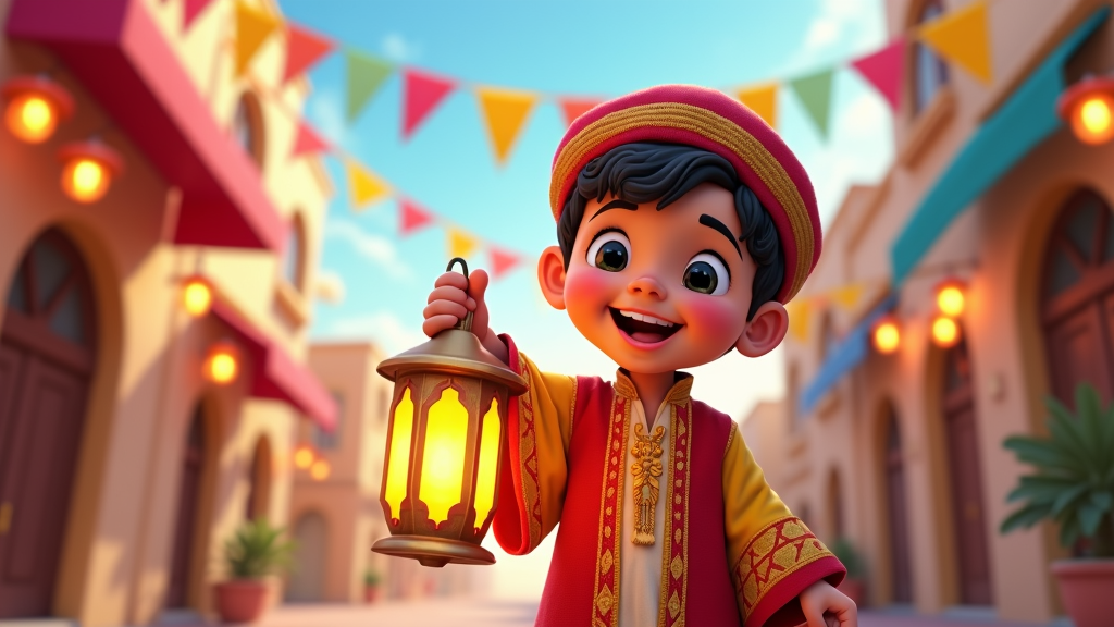 A vibrant cartoon of a Qatari child dressed in Eid finery, holding a traditional lantern and smiling, surrounded by decorations like lights and banners.