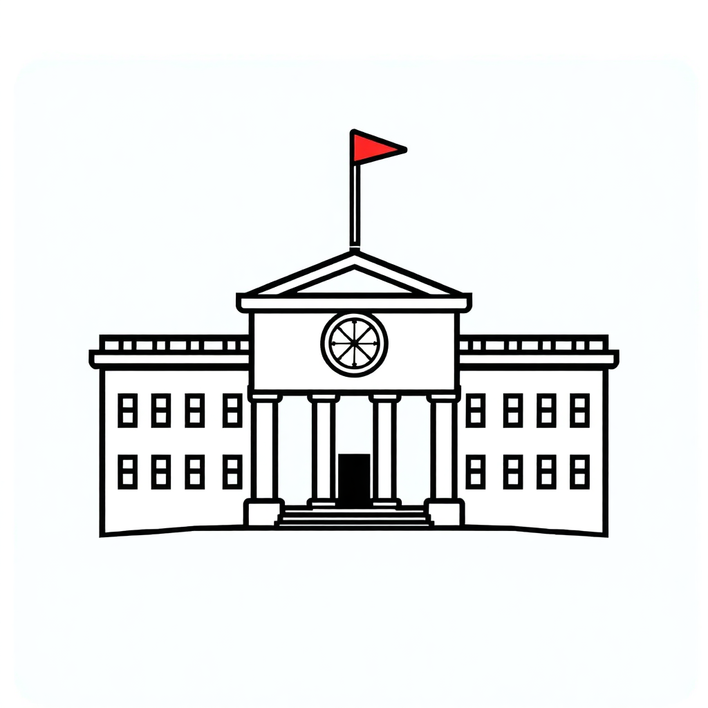 The image is a line drawing of a building with a red flag on top. The building appears to be a government or government building with multiple levels and columns. The top of the building has a dome with a clock on it, and there is a flagpole with a flag flying in front of it. The flag is red and has a white star in the center. The image is black and white and is a simple line drawing.