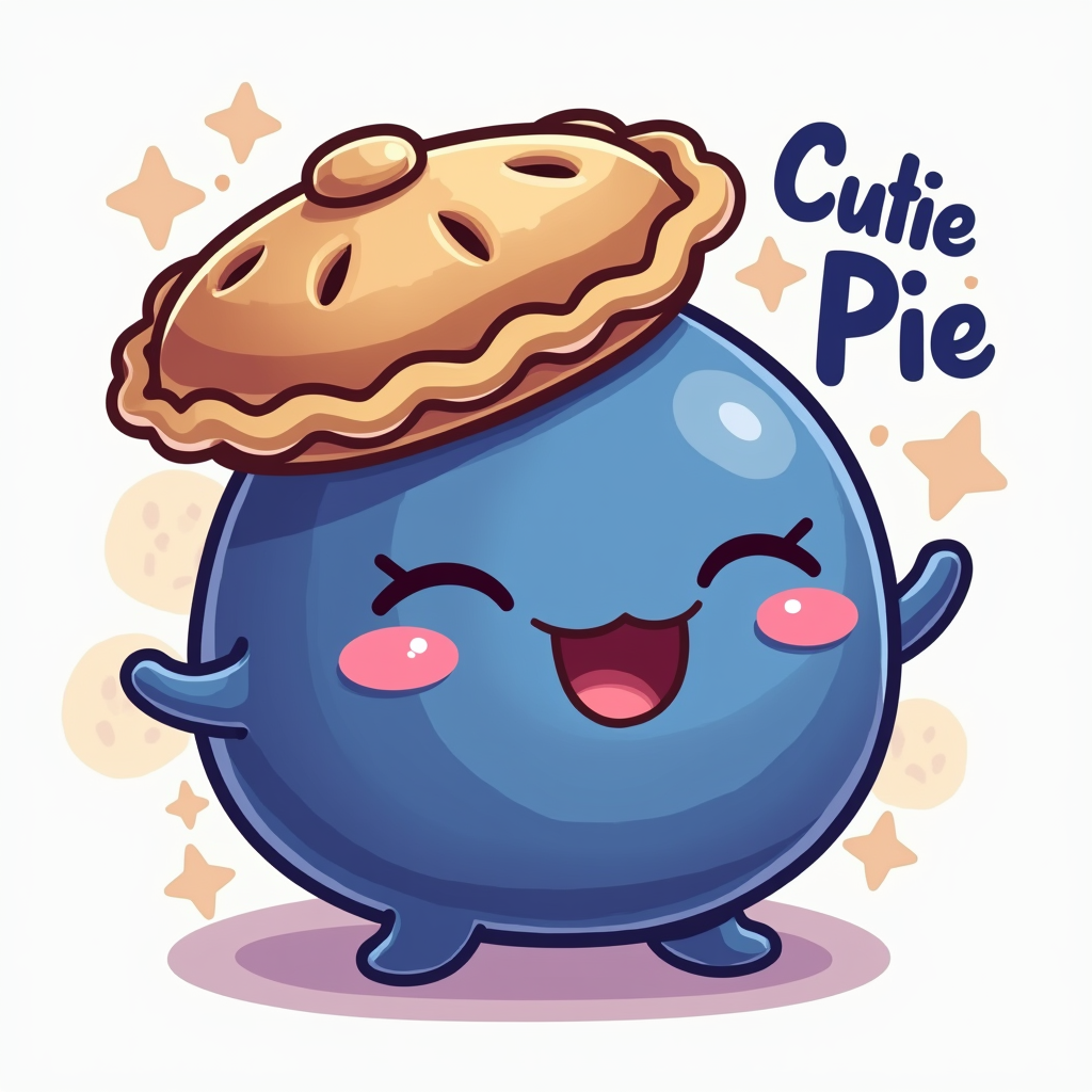 A playful cartoon blueberry character wearing a miniature blueberry pie tilted on its head like a cute hat, winking. Text: 'Cutie Pie.'