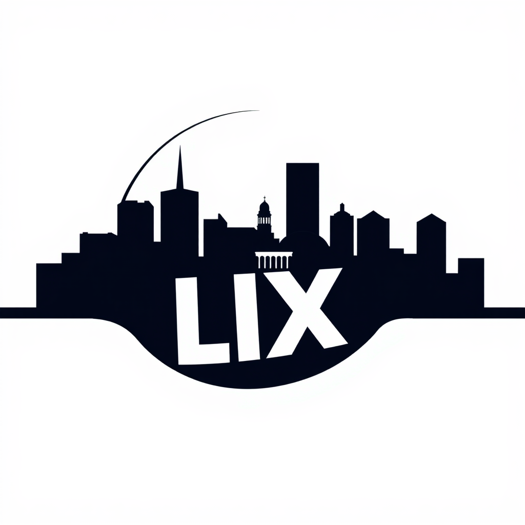 Crescent City Skyline LIX: A simplified iconic New Orleans skyline (e.g., St. Louis Cathedral, Superdome outline) shaped into or framing a crescent, which in turn houses or interacts with the LIX numerals dynamically.