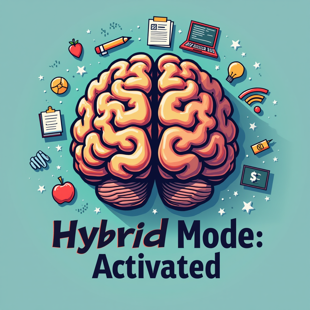 A brain graphic split in two. One half shows traditional learning icons (book, pencil, chalkboard) and the other half digital icons (laptop, Wi-Fi symbol, code). Text 'Hybrid Mode: Activated' encircles or sits below the brain.