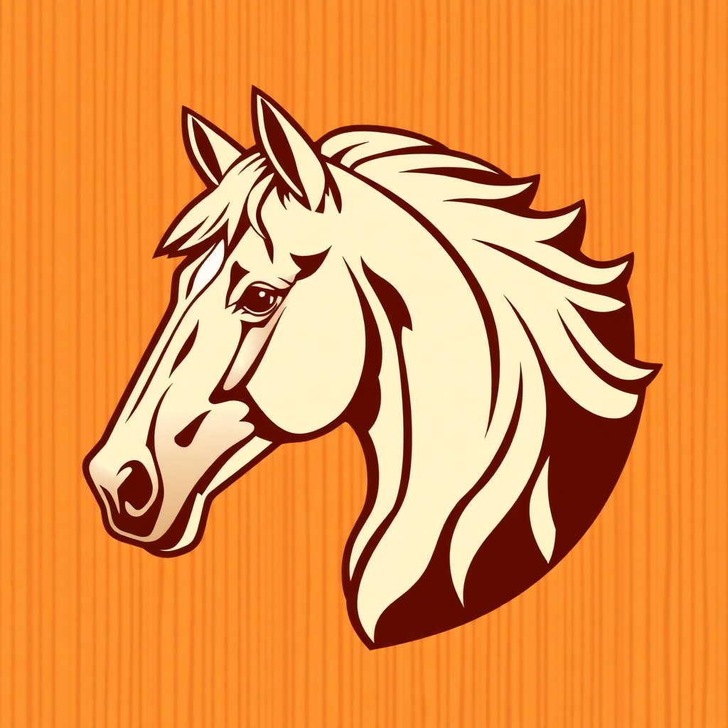 The image is a graphic illustration of a horse's head. The horse is facing towards the left side of the image, with its head turned slightly to the right. Its mane is flowing in the wind, and its eyes are looking off to the side. The background is a solid orange color, and the horse's body is outlined in black. The overall style of the illustration is simple and minimalistic.