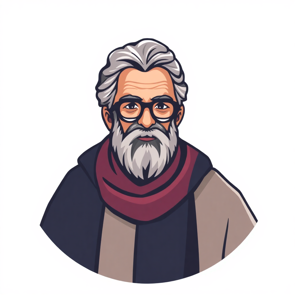 The image is a portrait of an elderly man with a white beard and mustache. He has a pair of glasses on and is wearing a red scarf around his neck. He is also wearing a black jacket with a beige collar. The man has a serious expression on his face and is looking directly at the camera. The background is white. The image is in a flat, cartoon-like style.