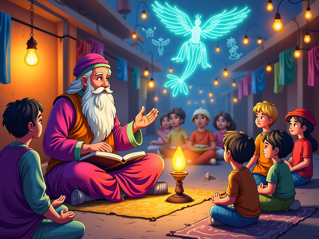 The Storyteller's Corner: Illustrate a quieter corner of the bustling souk where a wise old storyteller is captivating an audience of children and adults with tales of magic and adventure. Visual cues from their story—like ethereal figures, mythical beasts, or enchanted landscapes—could be subtly depicted as magical projections or illusions emanating from the storyteller or a magical lamp beside them.