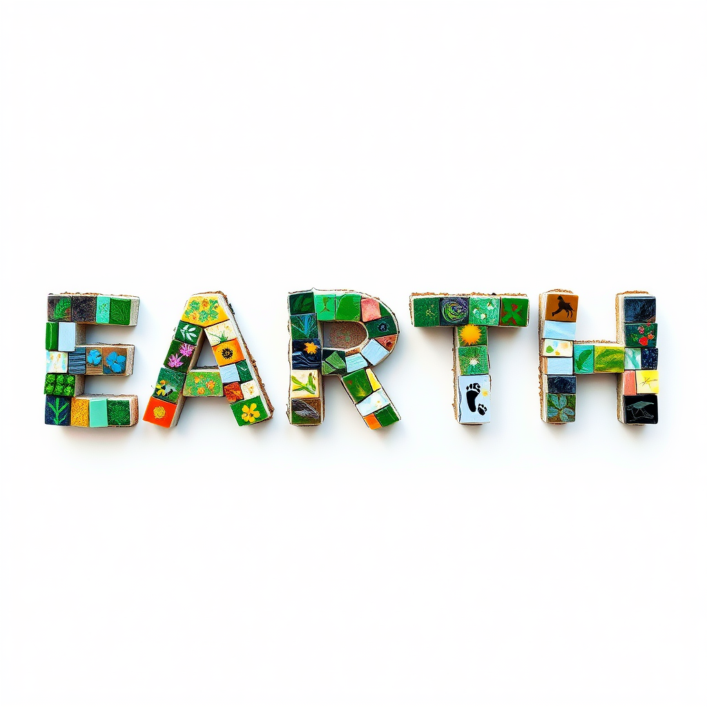 The words 'EARTH DAY' formed by letters made of tiny, colorful mosaic tiles. Each micro-tile contains a unique, simplified icon representing a different species or natural element (flower, insect, footprint).