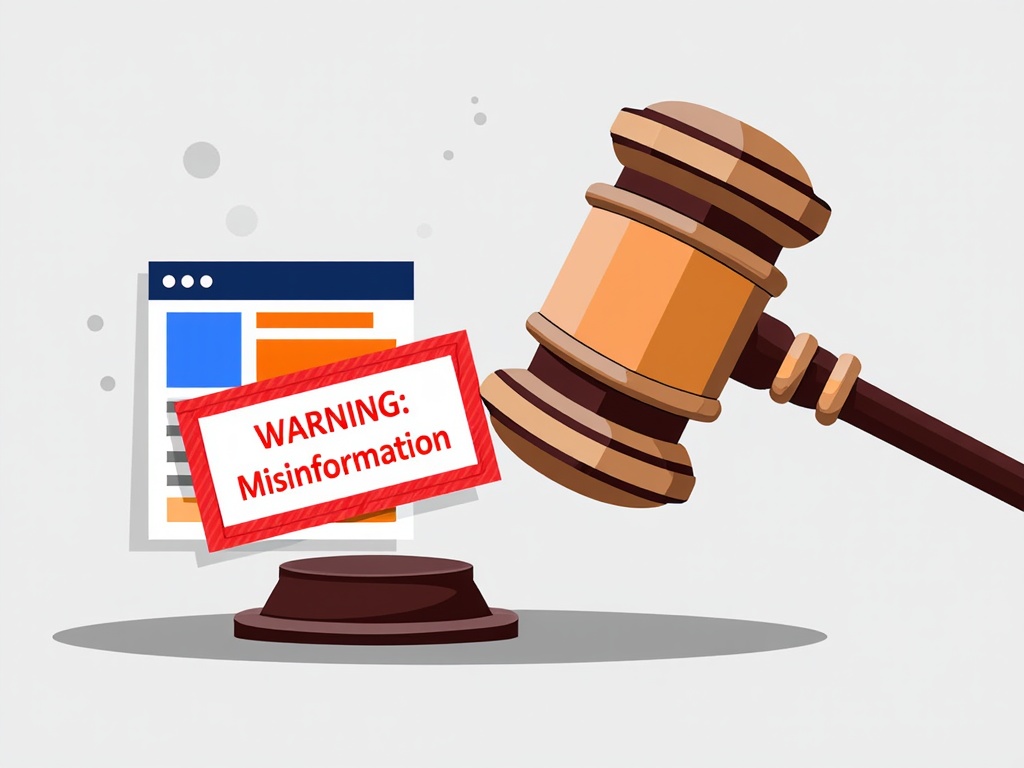 Illustration: A 'Warning: Misinformation' label being stamped onto a viral social media post by a gavel or official seal.