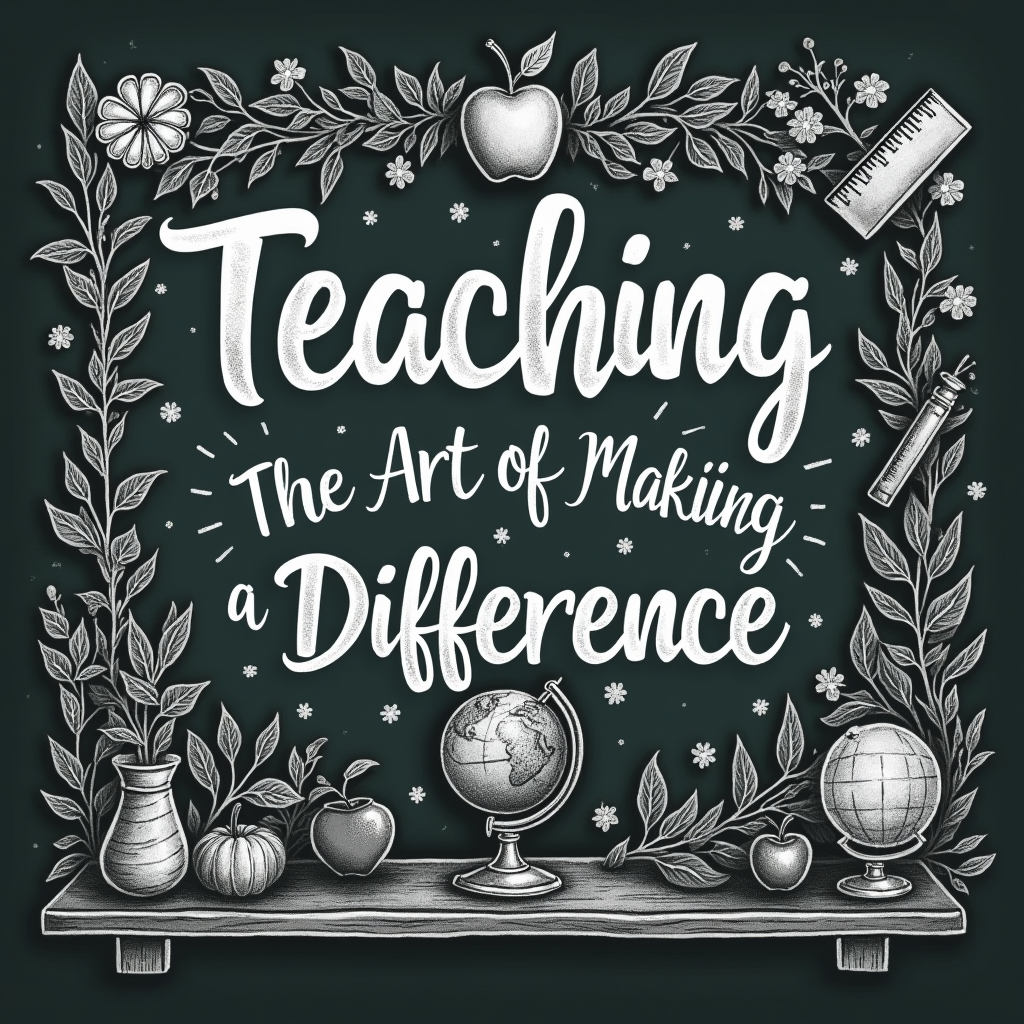Design 3: The 'Chalkboard Blueprint'. A design mimicking a vintage chalkboard. The phrase 'Teaching: The Art of Making a Difference' is written in artistic, flowing chalk lettering. Surrounding the text are chalk-style illustrations of classic teaching tools (apple, ruler, globe) interwoven with symbols of positive change (helping hands, lightbulb, growing seedling).
