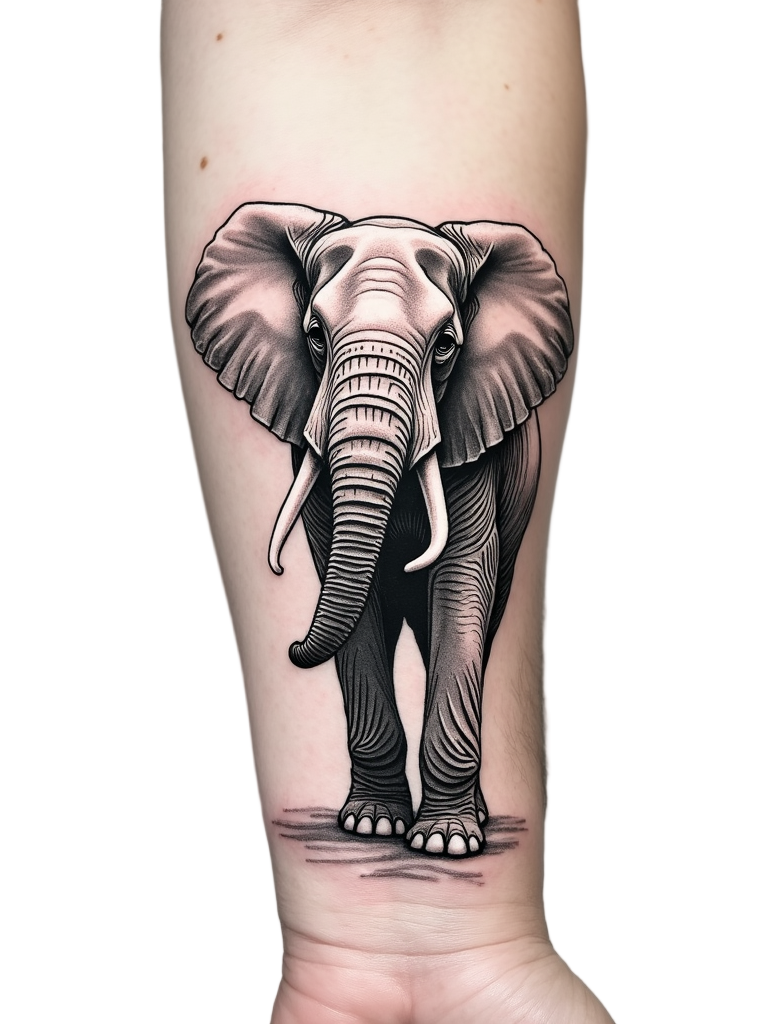 A detailed elephant tattoo on the wrist, with carefully inked lines embodying wisdom, strength, and majesty, standing elegantly facing forward.