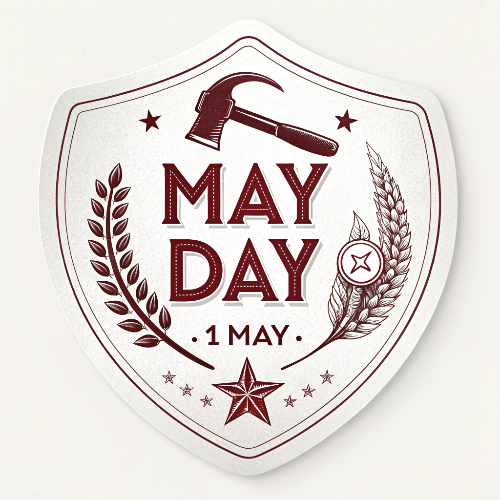 Sub-Design Idea 4 (Monochromatic Emblem Badge): A minimalist, badge-like sticker, often circular or shield-shaped, designed for high contrast and immediate recognition. Features a central, bold labor emblem (e.g., crossed hammer and shovel, a star, or a stylized wheat sheaf) with 'MAY DAY' or '1 MAY' clearly inscribed using a strong, vintage typeface. Suited for a single color print (e.g., deep red or black) on a contrasting light background.