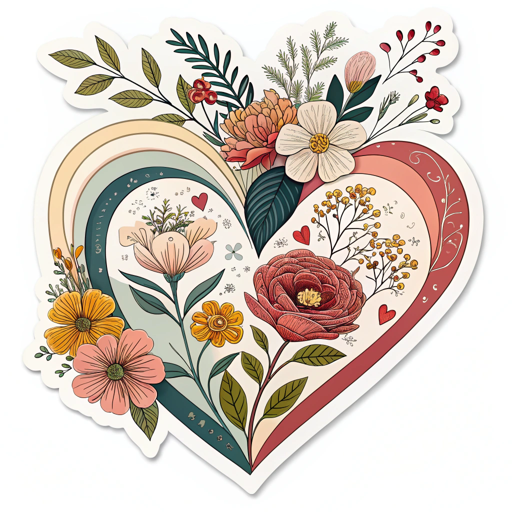 A layered heart sticker with a base color and floral elements on top creating a 3D effect.