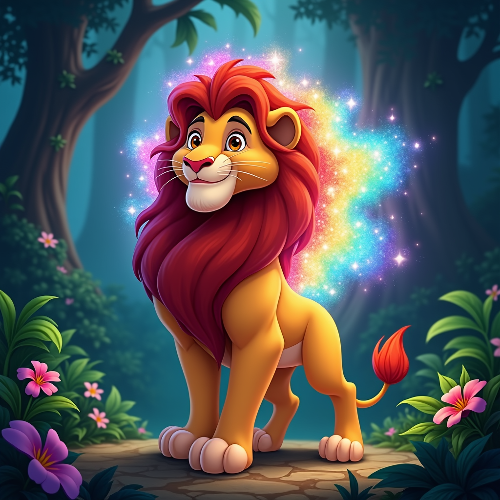 A lion with a sparkling mane, radiating different colors to represent the powers.