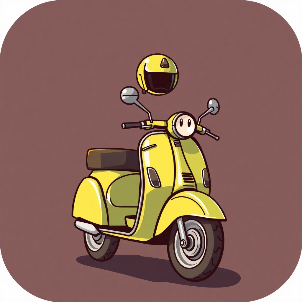 The image is a digital illustration of a yellow scooter. The scooter has a round headlight and two side mirrors on either side. The handlebars are curved and the seat is upholstered in a light-colored fabric. On top of the scooter, there is a yellow helmet with a black visor. The background is a dark brown color. The overall style of the illustration is cartoon-like.