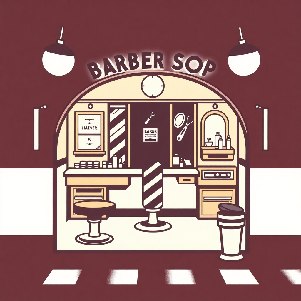 The image is an illustration of a barber shop. The shop has a large archway in the center with the words Barber Sop written above it. The archway is decorated with two hanging light fixtures on either side. On the left side of the archway, there is a counter with a sink, a mirror, and a shelf with various barber tools and supplies. In front of the counter, there are two barber chairs and a stool. The floor is covered with a checkered pattern. The overall color scheme of the image is brown and white.