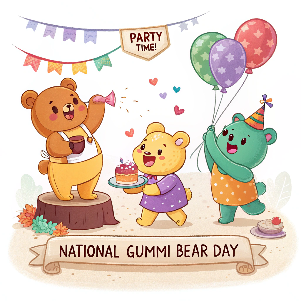 Sub Design Idea 5: A cute scene depicting Gummi Bears enthusiastically setting up for a party: one trying to hang a 'Party Time!' banner, another blowing up a balloon, and a third carrying a miniature cake. 'National Gummi Bear Day' clearly visible.