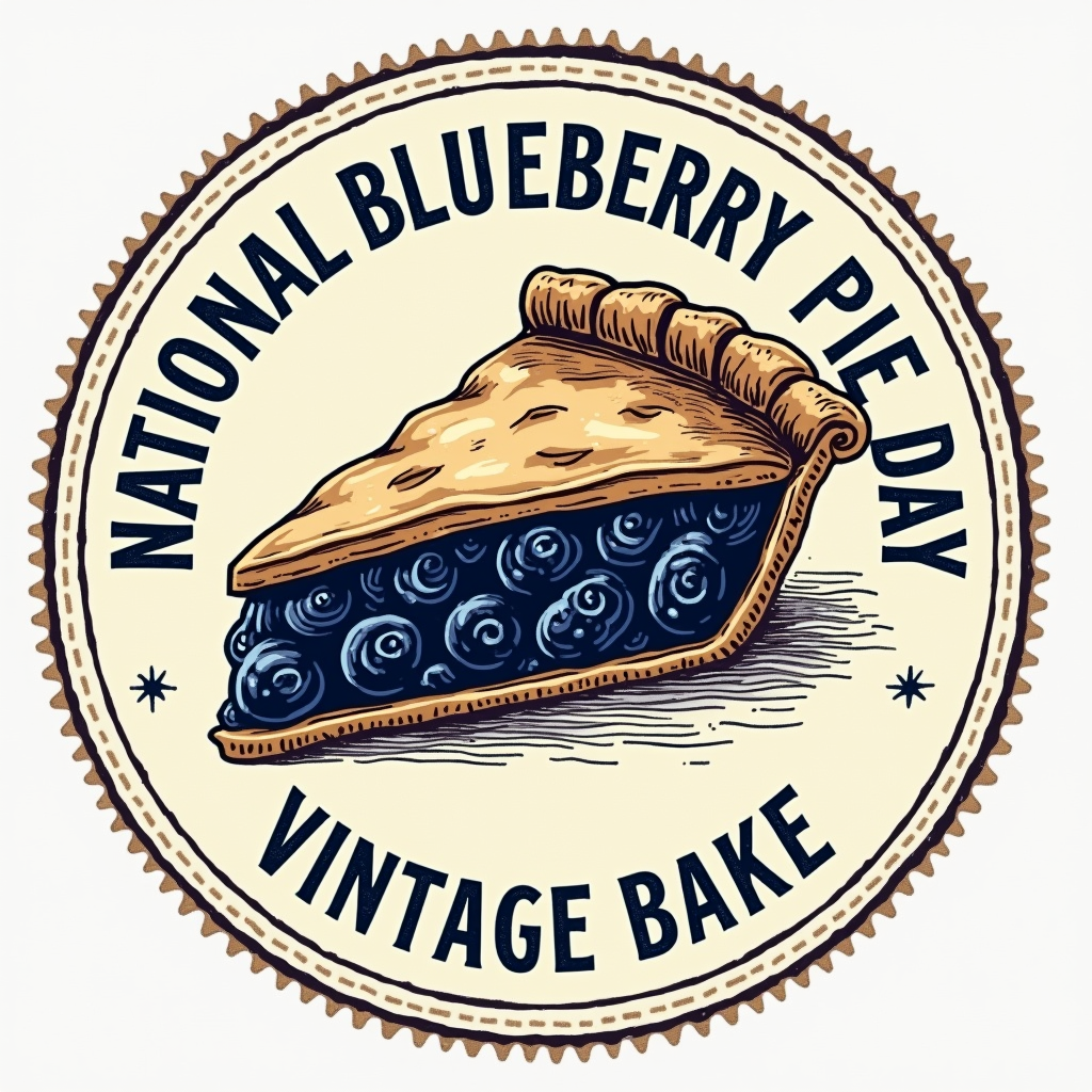 Create a circular seal or badge design. In the center, the vintage pie slice illustration. Around the edge, text reads 'NATIONAL BLUEBERRY PIE DAY - VINTAGE BAKE'.