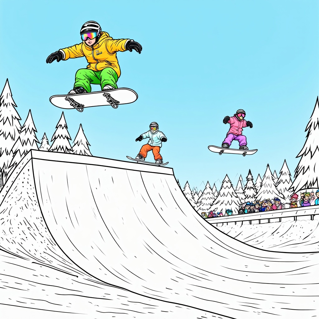 A dynamic scene of snowboarders catching air as they soar over a snow-covered ramp. Their brightly colored gear contrasts with the white snow and blue sky, capturing the thrill of winter sports. Spectators watch in awe from the safety of the sidelines.